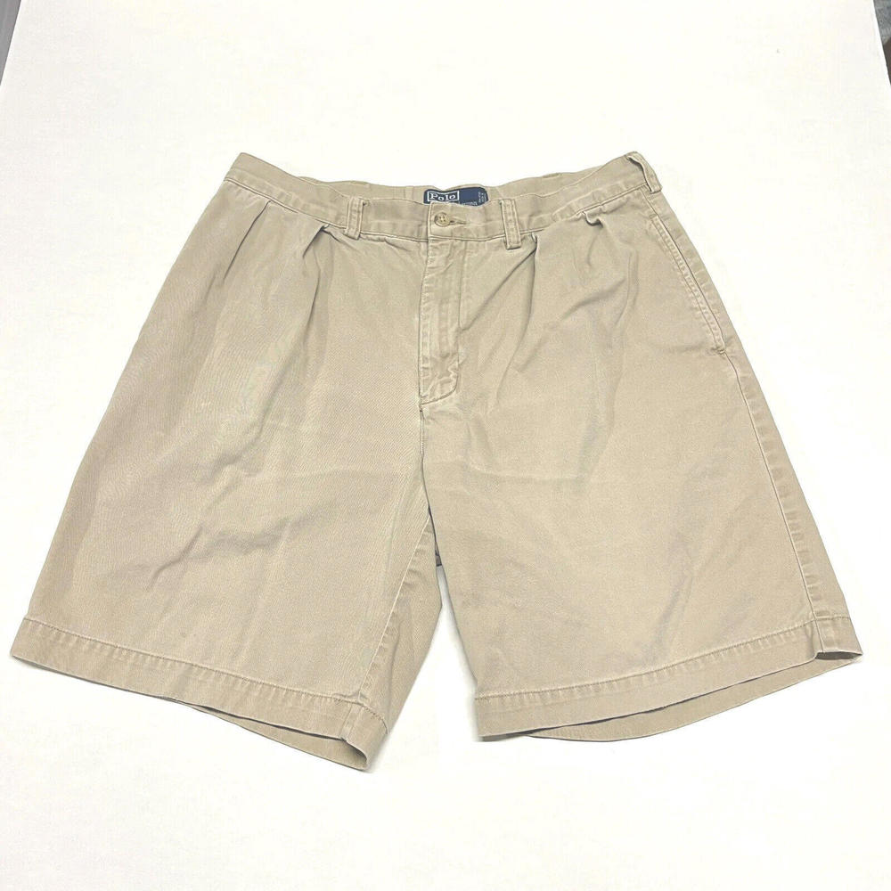 Ralph Lauren Polo Chino Shorts Mens 34”x8.5 Khaki Tan Pleated Tyler Casual Pony
